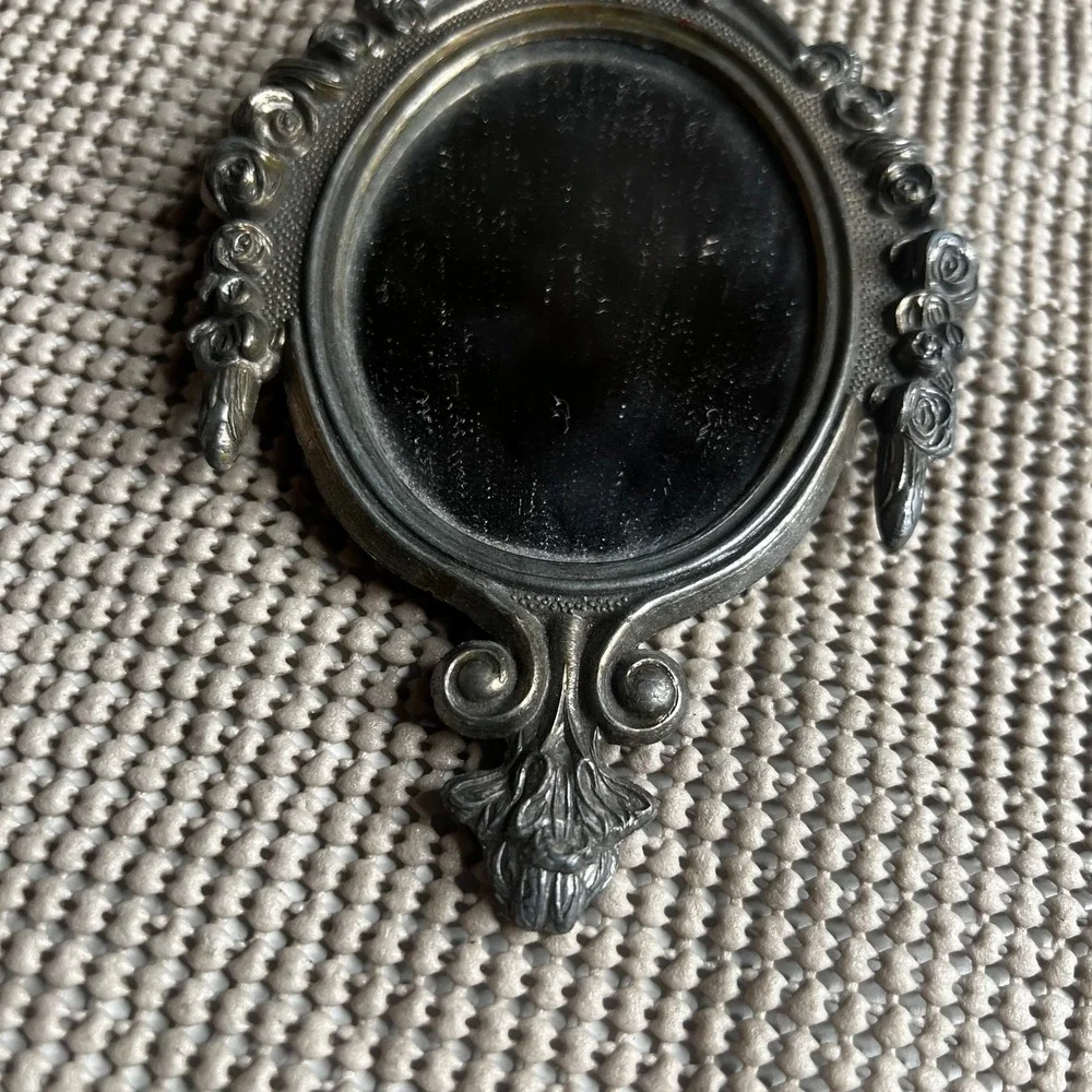 Vintage Italy Miniature Oval Wall Mirror Silver Tone Rose Floral Bow Ornate 5
